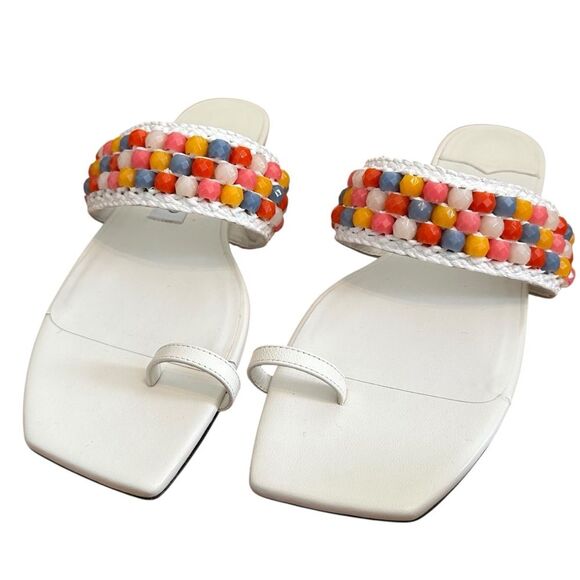 Jimmy Choo Women's White Amoure Flat Embellished Beaded Raffia Sandals size 38.5 - Picture 8 of 10
